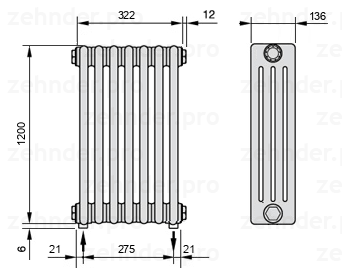 Схема (чертеж) Радиатор Zehnder Charleston 4120/7 №3570 Белый глянцевый RAL 9016